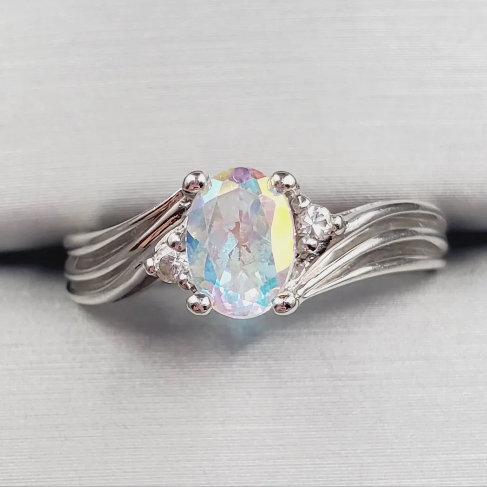 10K Solid White Gold Oval Mercury Mystic Topaz Ring